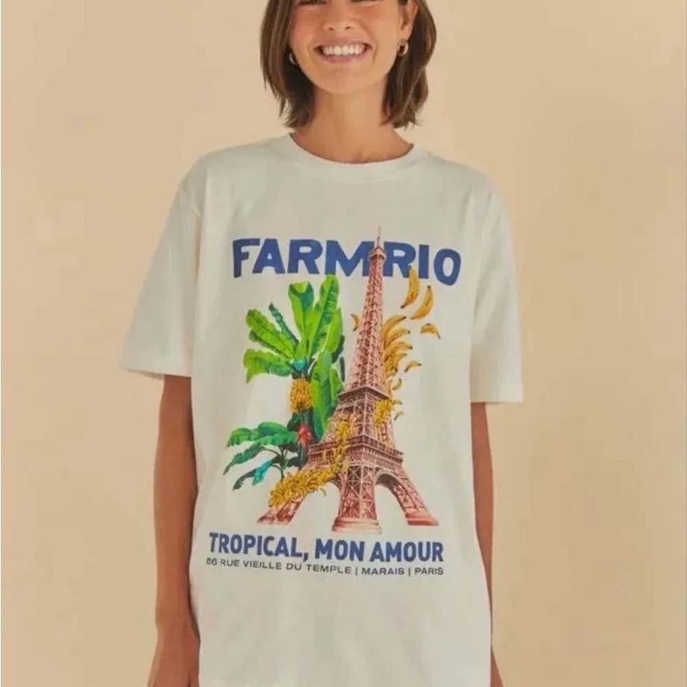 Rare FARM Rio Mon Amor Eiffel Tower Tee with Tropical Print